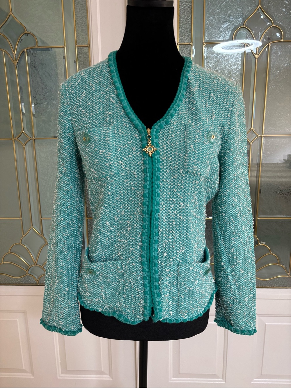 St. John Teal Bouclé Zip Jacket with Gold Charm